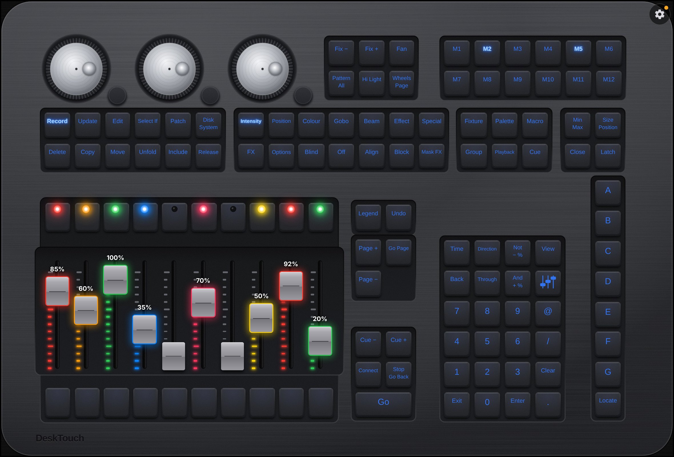 DeskTouch en la tablet: faders con colores halo, teclas y ruedas